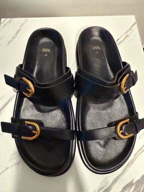 Zara Black Slide Sandals with Gold Buckles